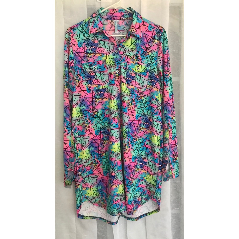 Beachtime Womens Neon Abstract‎ Geometric Shirt Dress Thumbhole M Long Sleeve